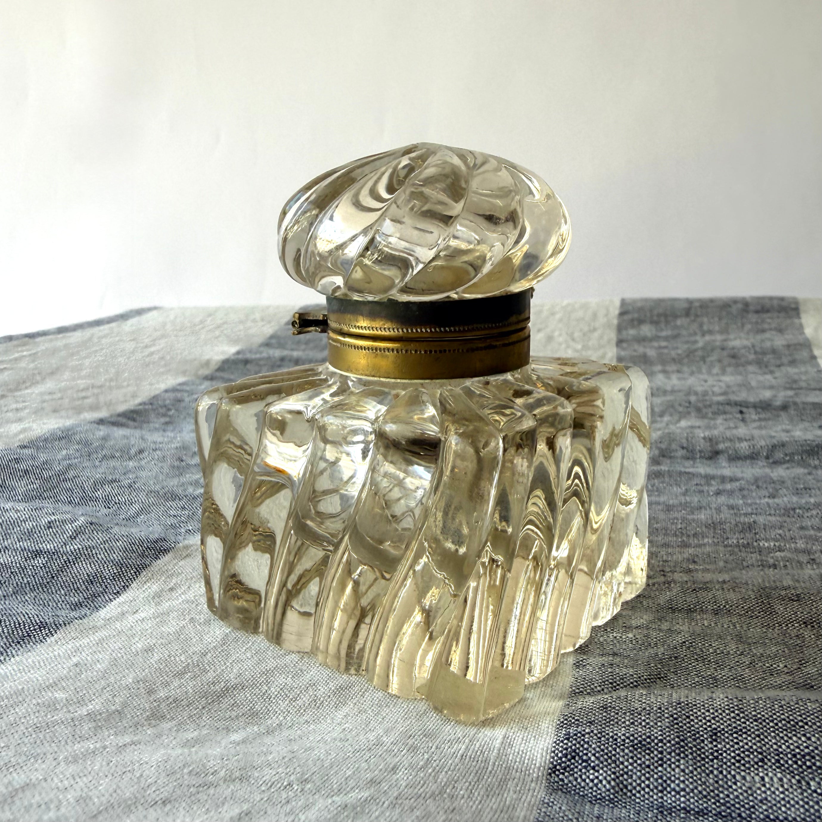 Small Antique Crystal and Brass Inkwell