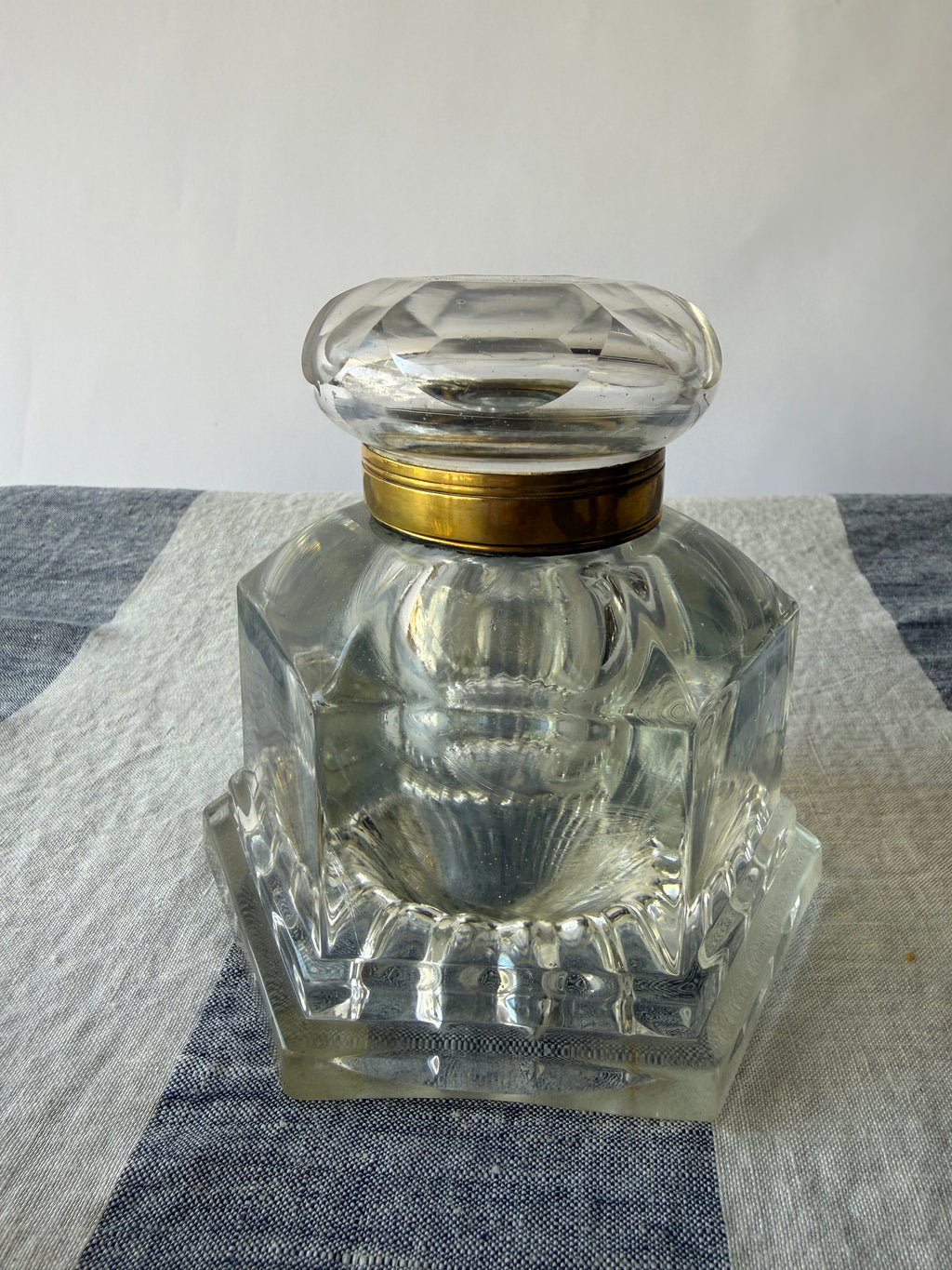 Large Antique Crystal and Brass Inkwell